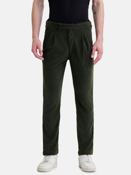 Snitch - Green Textured Casual Corduroy Trouser