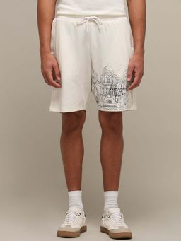 Mufti - Off White Printed Casual Cotton Blend Shorts