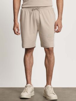 Mufti - Beige Textured Casual Cotton Blend Shorts
