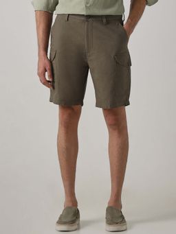 Mufti - Olive Solid Plain Casual Cotton Linen Blend Shorts