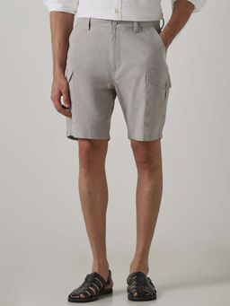 Mufti - Grey Solid Plain Casual Cotton Linen Blend Shorts