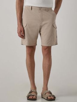 Mufti - Beige Solid Plain Casual Cotton Linen Blend Shorts