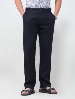 U.S. POLO ASSN. - Blue Solid Plain Casual Linen Trouser