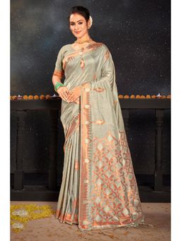 Sangam Prints - Grey Silk Woven Zari Work Traditional Tassel Saree with Unstitched Blouse