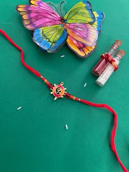 Digital Dress Room - Tortoise Engraved Om Rakhi Designs Gold Plated Beads & Mauli Threads Rakshasutra