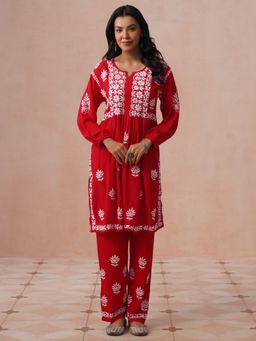 House of Chikankari - Women Red Rayon Chikankari Short Kurta Set