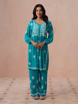 House of Chikankari - Women Teal Rayon Chikankari Short Kurta and Pant Set