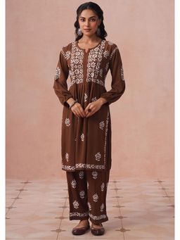 House of Chikankari - Women Brown Rayon Chikankari Short Kurta and Pant Set