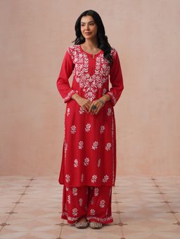 House of Chikankari - Women Red Rayon Chikankari Kurta and Palazzo Set