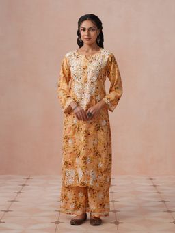 House of Chikankari - Women Orange Rayon Chikankari Kurta and Palazzo Set