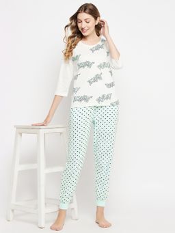 Clovia - Printed Top & Pyjama In White- 100% Cotton