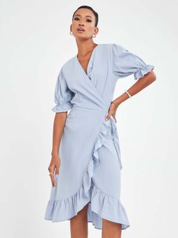 Styli - Blue Cuffed Sleeves Ruffle Detail Cotton Wrap Midi Dress