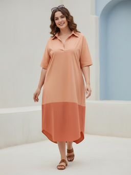 Qurvii - Rust Poplin Colorblock Shirt Midi Dress