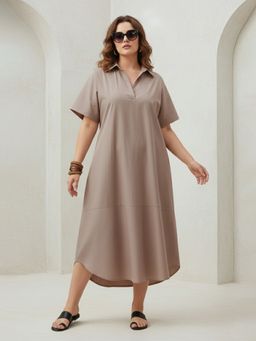 Qurvii - Beige Poplin Solid Shirt Midi Dress