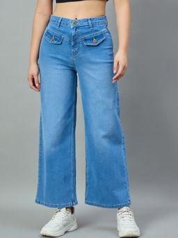 Style Quotient - Mid Blue Wide Leg High-Rise Stretchable Jeans
