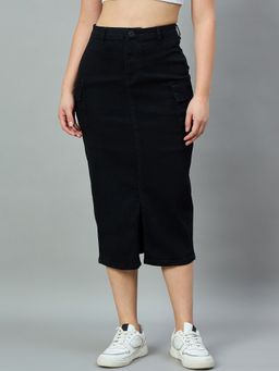Style Quotient - Black Cotton Solid Midi Skirt