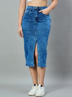 Style Quotient - Blue Cotton Solid Midi Skirt