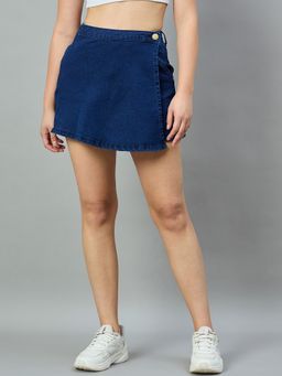 Style Quotient - Blue Cotton Solid Mini Skirt