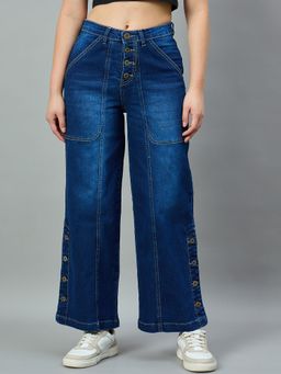 Style Quotient - Mid Blue Wide Leg High-Rise Stretchable Jeans
