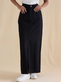 Femmella - Black Denim Front Slit Maxi Skirt