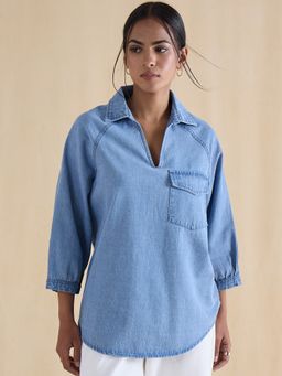 Femmella - Light Blue Raglan Sleeve Denim Top