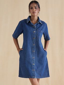 Femmella - Blue Denim Solid Shirt Mini Dress