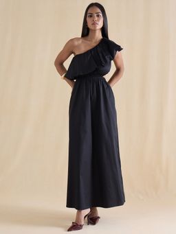 Femmella - Black Cotton Solid A-Line Maxi Dress