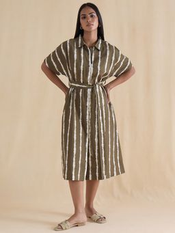 Femmella - Green Viscose Stripes Shirt Midi Dress