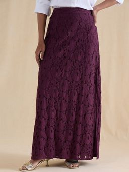 Femmella - Wine Lace Slit Detail Maxi Skirt