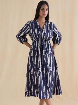 Femmella - Navy Blue Viscose Abstract A-Line Midi Dress