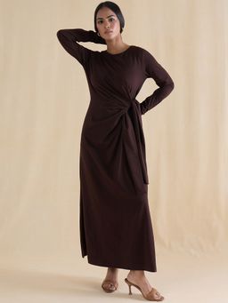 Femmella - Brown Cotton Solid A-Line Maxi Dress