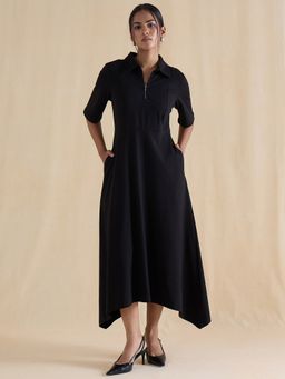 Femmella - Black Cotton Solid Shirt Midi Dress