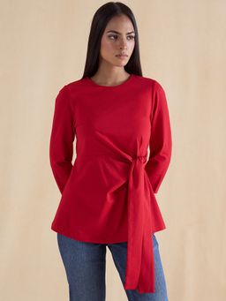 Femmella - Red Cotton Knit Tie-Up Top