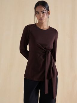 Femmella - Coffee Brown Cotton Knit Tie-Up Top