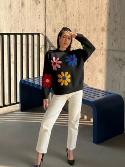 Trenbee - Black Wool Blend Floral Sweater