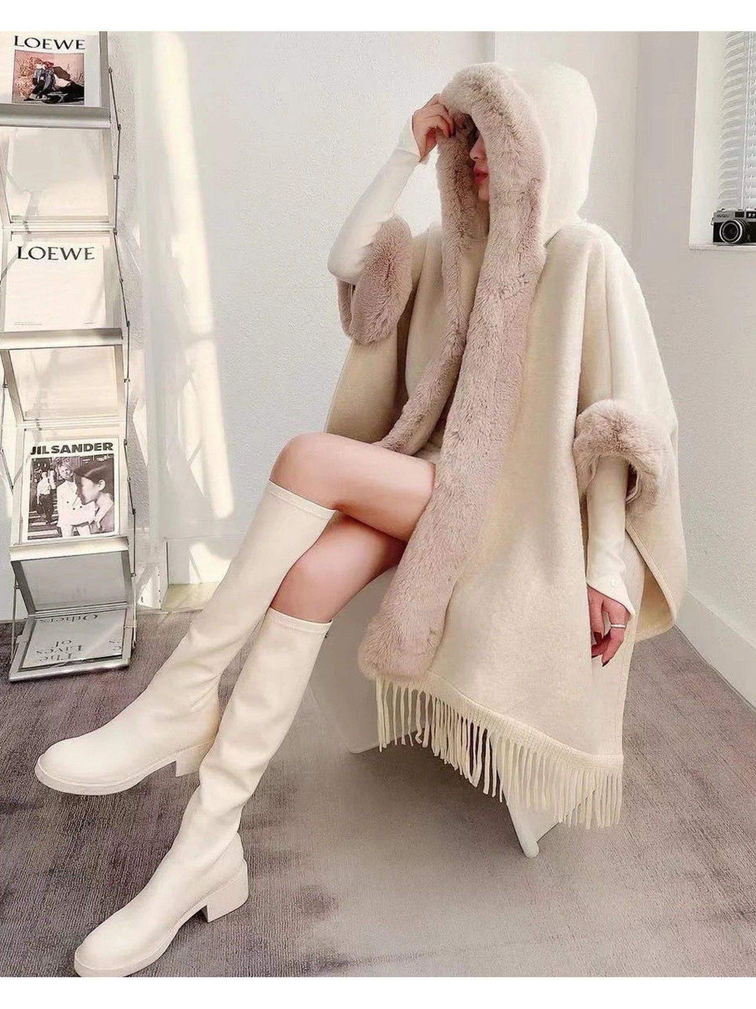 Amelia Fleece Winter Capes with Fur Cap Beige-picture-28