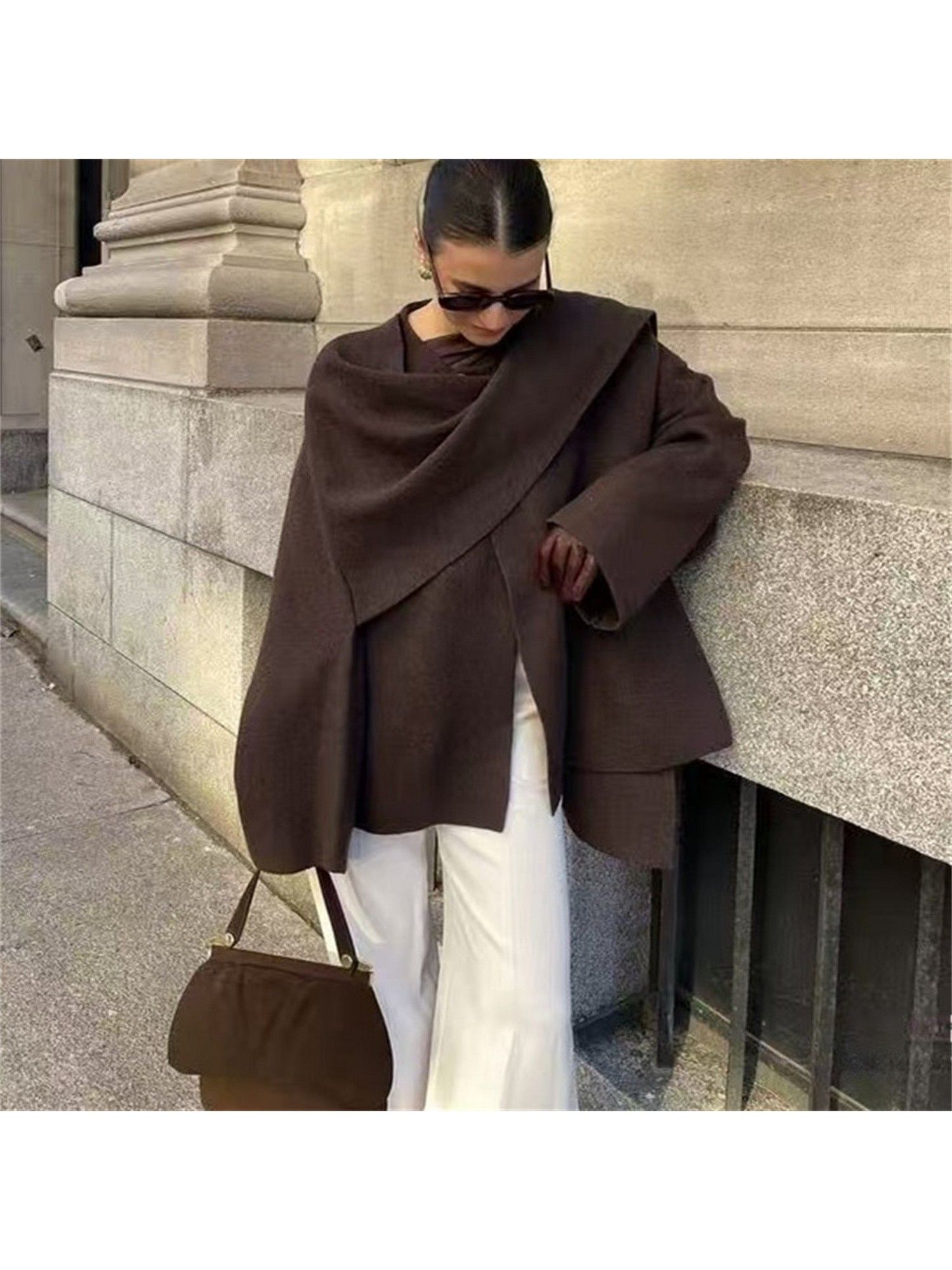 Essie Vintage Woolen Brown Short Coat with Attached Scarf-picture-13