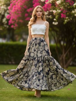 Sera - Black Pure Cotton Floral Maxi Skirt