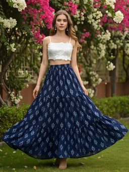 Sera - Navy Blue Pure Cotton Abstract Maxi Skirt