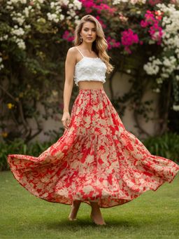 Sera - Red Pure Cotton Floral Maxi Skirt