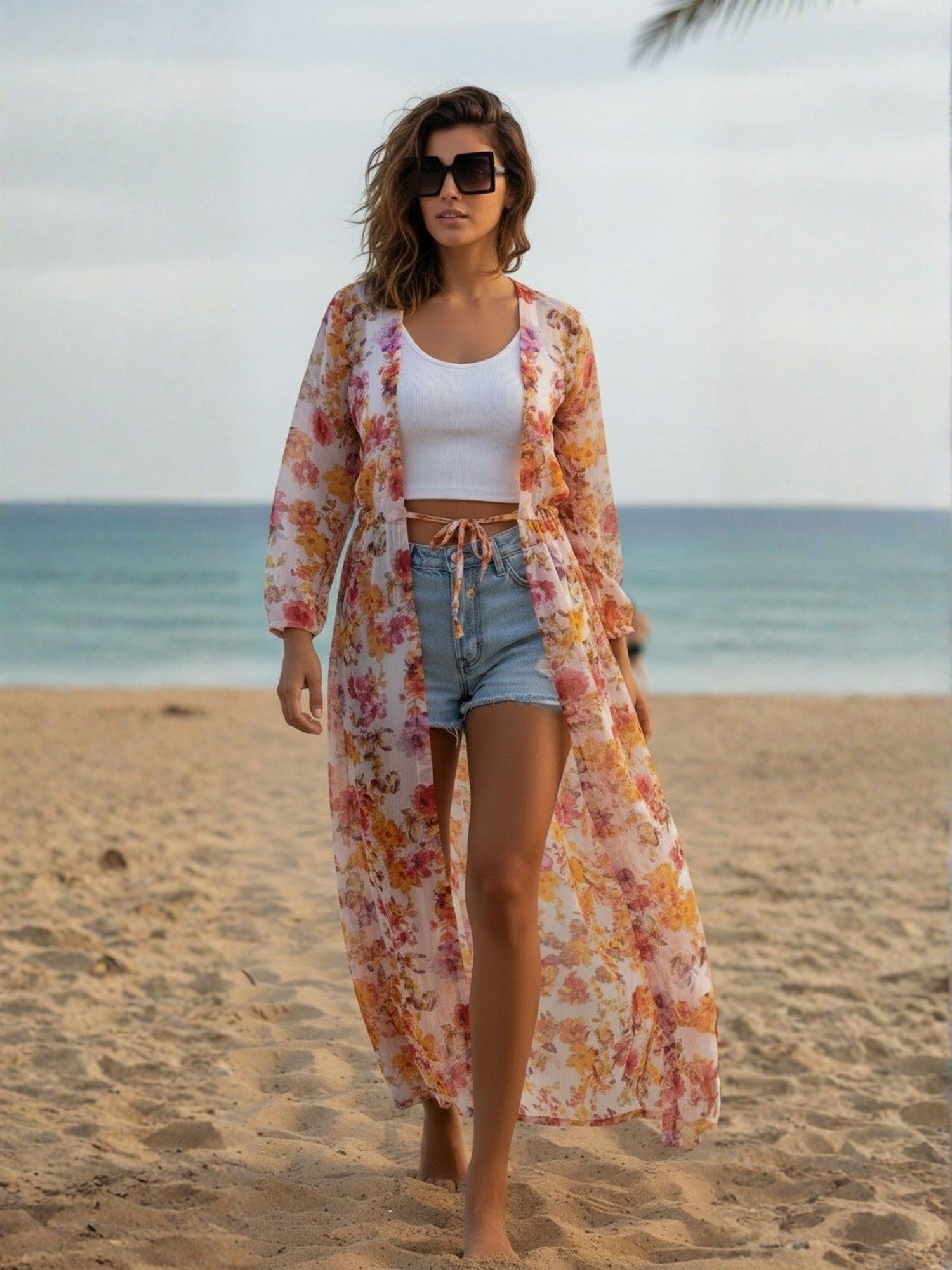 sera Sunset Bloom Floral Layer-Up Chiffon Orange Shrug-picture-36