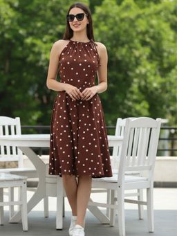 Sera - Premium Viscose Polka Printed Brown Jumpsuit