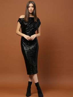 Sera - Black Polyester Embellished Bodycon Midi Dress