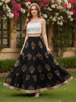 Sera - Black Pure Cotton Floral Maxi Skirt