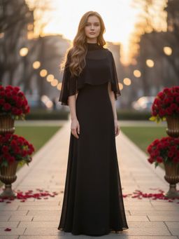 Sera - Black Poly Silk Solid Flared Maxi Dress with Cape