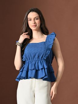MYSHKA - Blue Cotton Embroidered Top