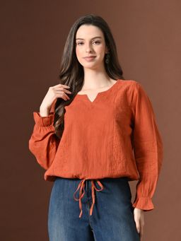 MYSHKA - Rust Cotton Embroidered Top