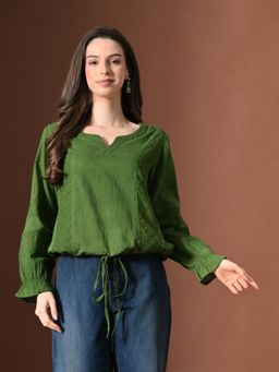 MYSHKA - Green Cotton Embroidered Top