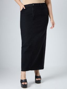Turning Blue - Black Cotton Lycra Solid Maxi Skirt
