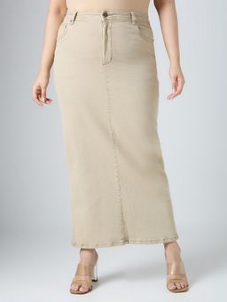 Turning Blue - Cream Cotton Lycra Solid Maxi Skirt